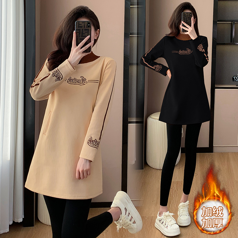 2023新款冬季加绒半高领中长款卫衣裙子女修身大码加厚打底连衣裙