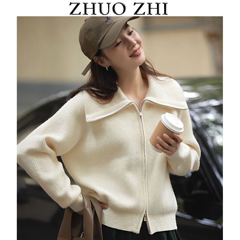 海军领针织开衫女2023春秋新款设计感小众双拉链秋冬短款毛衣外套
