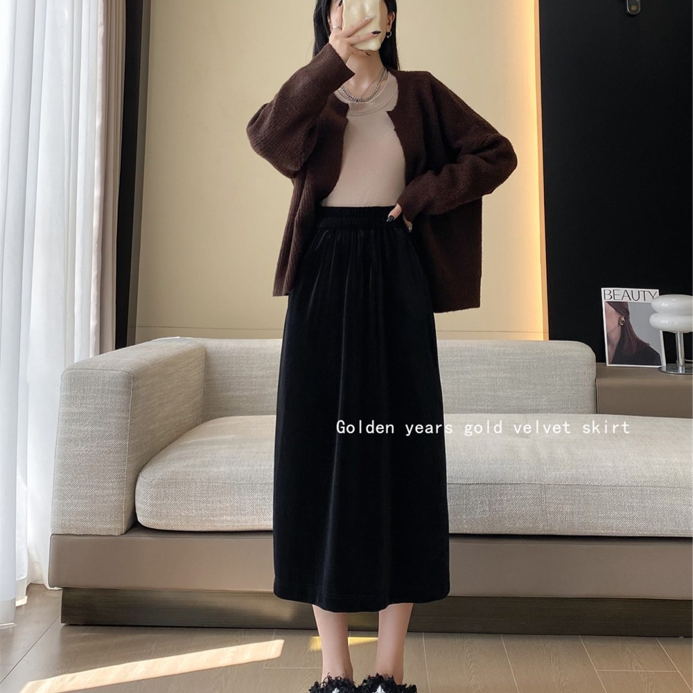 C6686丝绒高腰A字中长款流金岁月半身裙