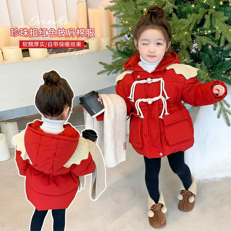 巴拉巴拉恩女童红色棉衣冬装2023年秋冬新款洋气羽绒服中长款外套