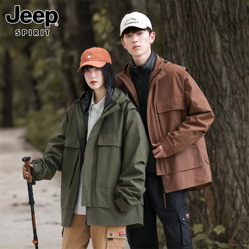 Jeep吉普秋冬连帽羽绒服户外男士三合一保暖夹克女装多口袋外套潮