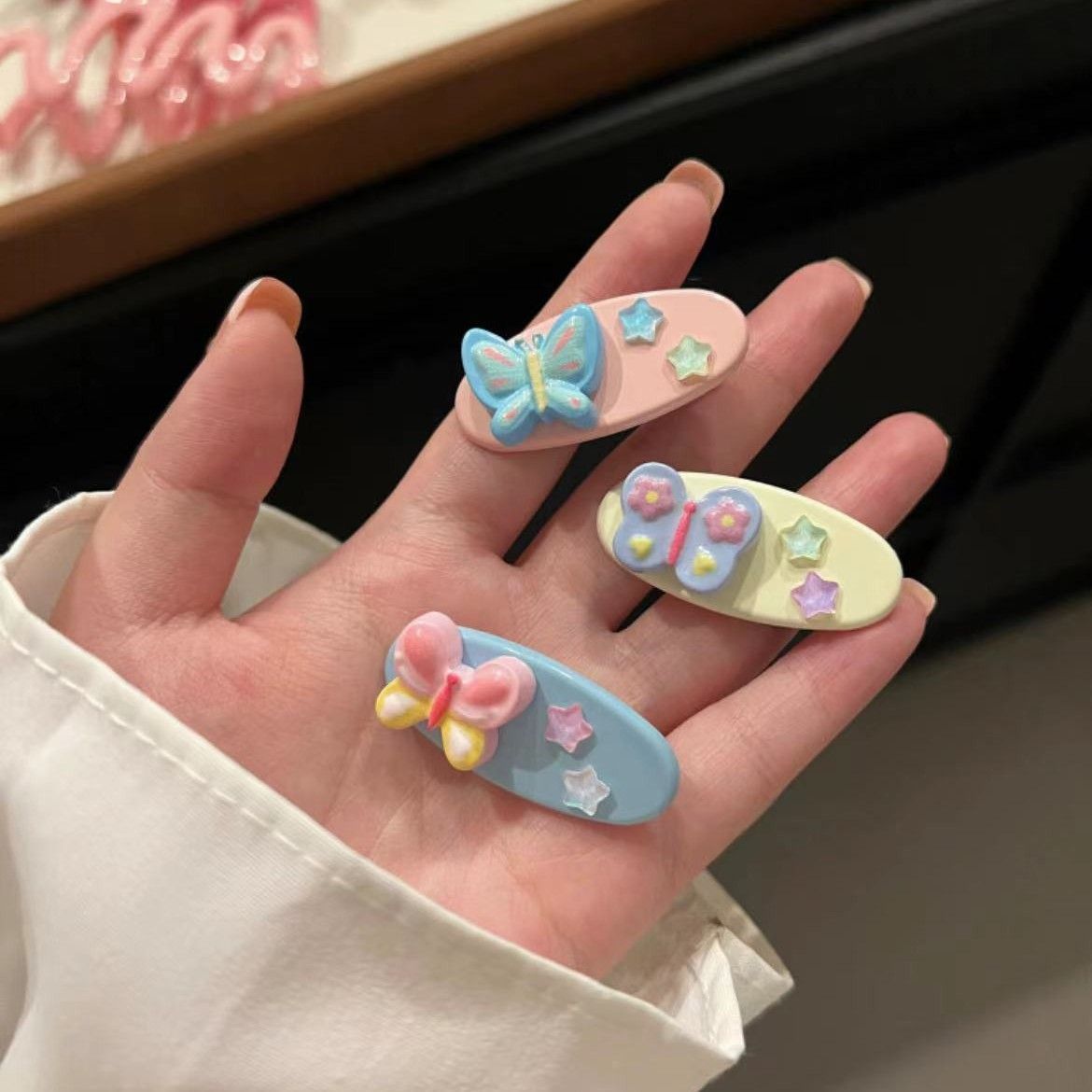 浪漫蝴蝶星星发夹多巴胺少女刘海夹椭圆星星发卡彩色