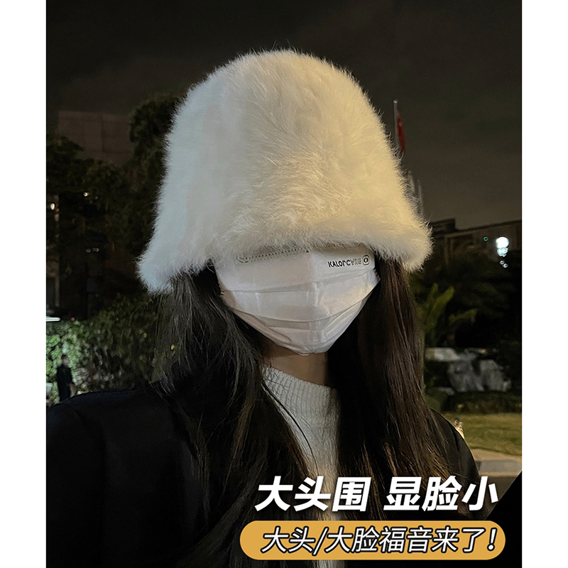 定制加大 秋冬大头围显脸小帽子女兔毛绒渔夫帽可爱百搭水桶帽