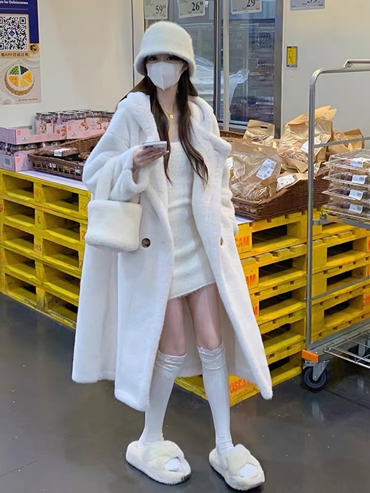 加厚白色仿水貂绒毛衣外套女秋冬季中长款韩版连帽大衣慵懒风上穿