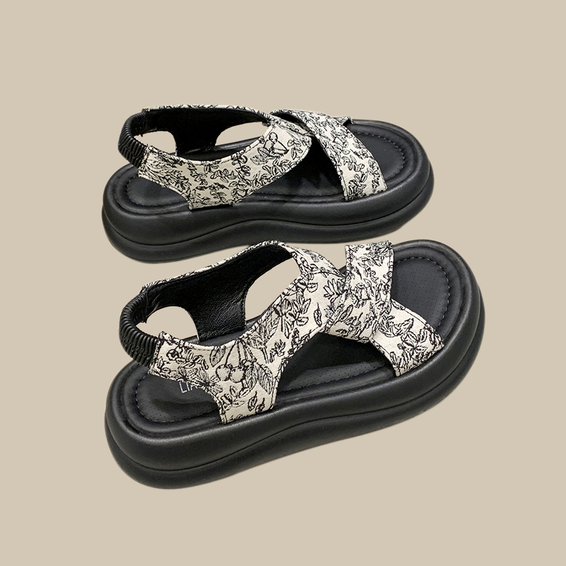 国风凉鞋女2024夏季新款外穿厚底增高配裙一脚蹬沙滩鞋中式罗马鞋