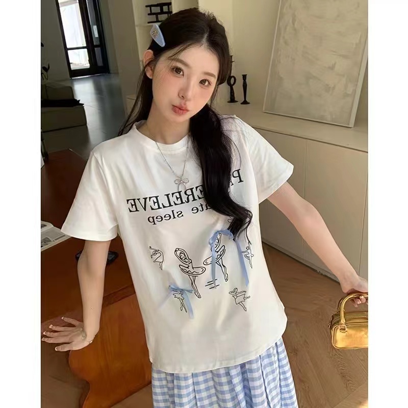 2024夏季可爱甜美韩版简约可爱芭蕾蝴蝶T恤