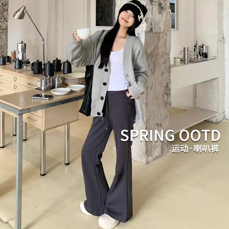 灰色美式微喇裤女春秋2024新款高腰显瘦休闲喇叭卫裤垂感马蹄裤子