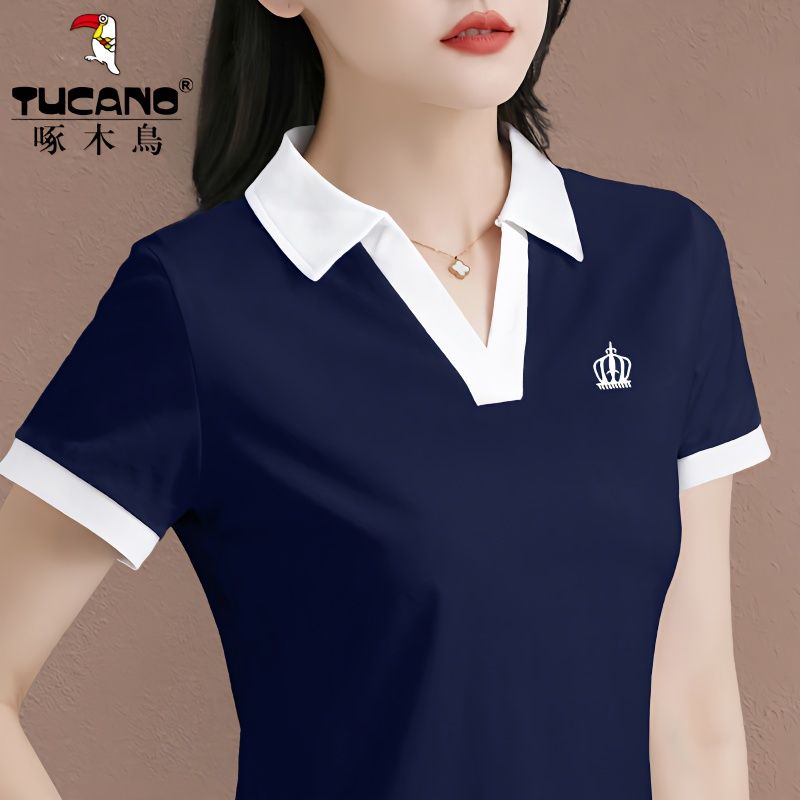 啄木鸟棉短袖T恤女休闲翻领polo衫2023新款夏季爆款洋气上衣体恤