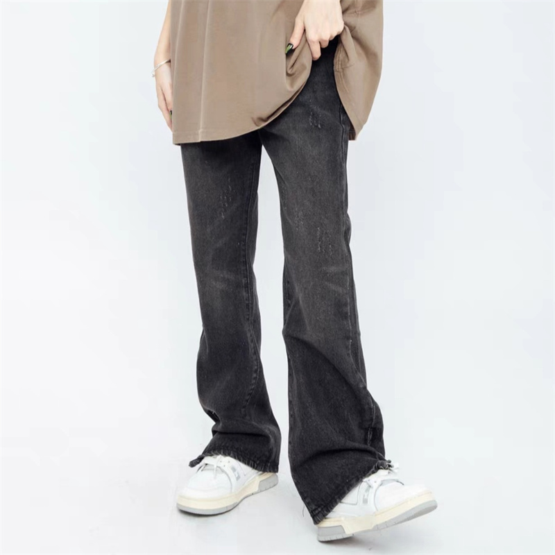 美式复古潮流纯色开叉牛仔裤春夏宽松百搭简约休闲长裤