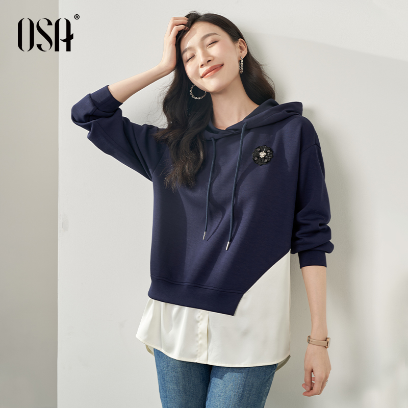 OSA/欧莎美式假两件连帽长袖百搭显瘦卫衣女宽松上衣S123C32003