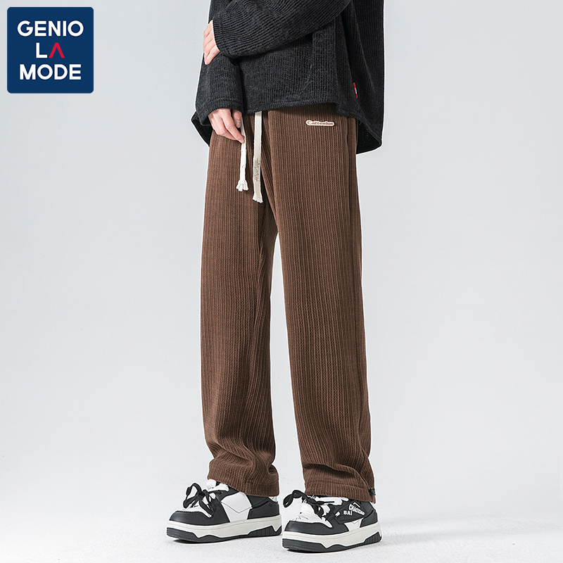 GENIOLAMODE秋冬雪尼尔提花长裤简约抽绳直筒休闲裤男女同款裤子
