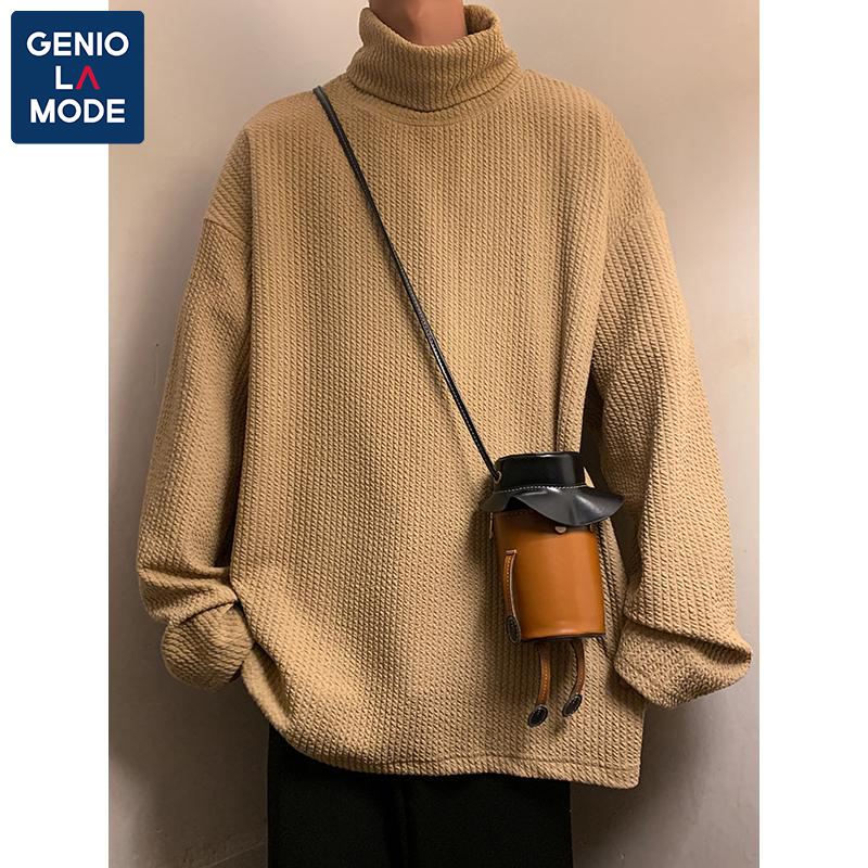 GENIOLAMODE秋冬加绒保暖宽松内穿华夫格提花格子高领T恤男女打底