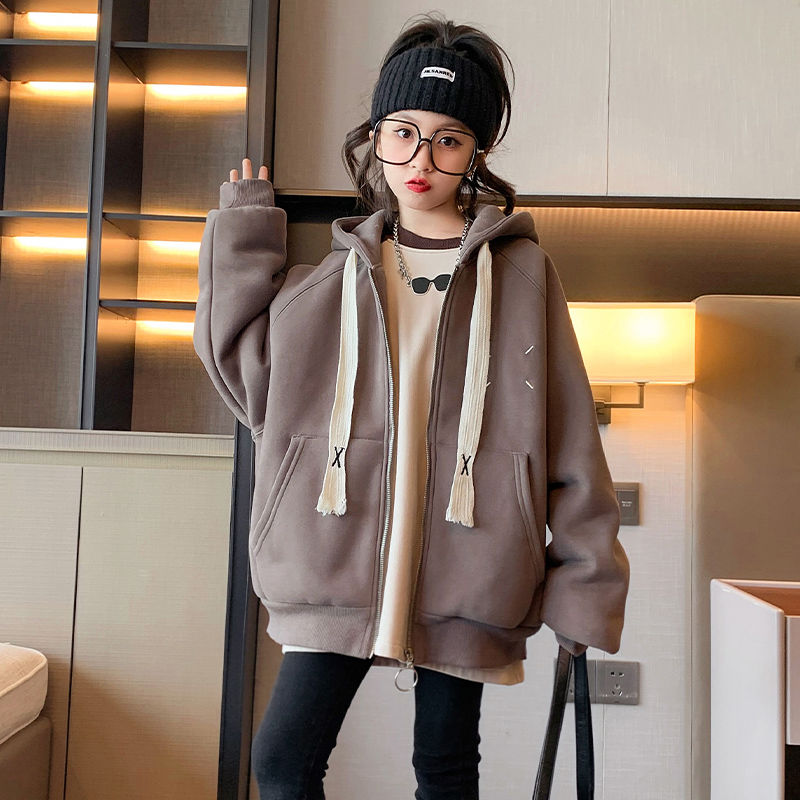 女童连帽卫衣外套秋冬款加绒加厚2023新款中大童洋气时髦儿童冬装