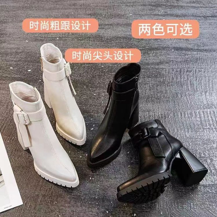 2023秋新款PU粗跟超高跟(大于8cm)圆头中筒纳帕纹侧拉链靴子防滑