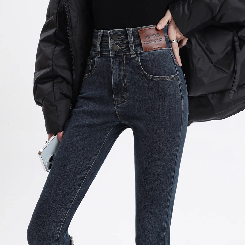 高腰小脚牛仔牛仔裤女2023秋冬新款加绒修身显瘦紧身配靴子铅笔裤