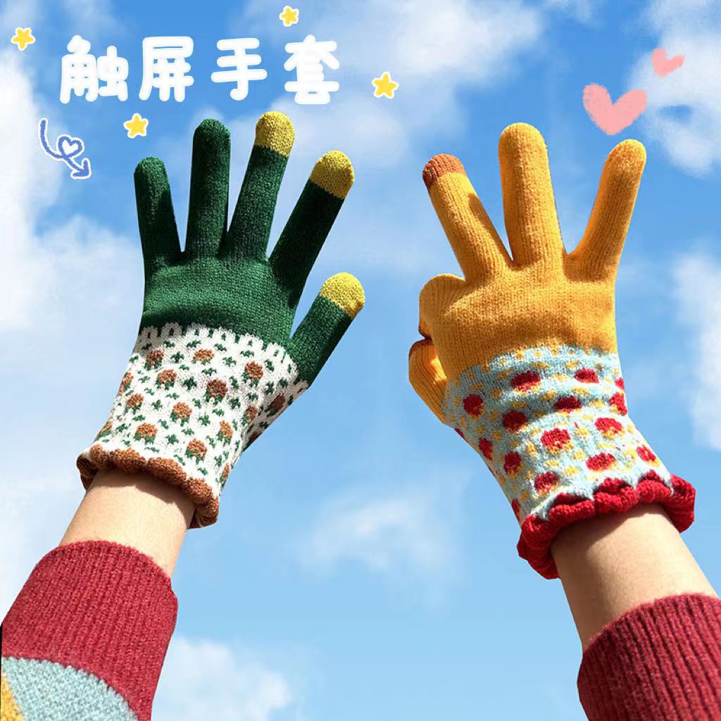新款手套冬天保暖可爱冬季针织女士内加绒骑车防风针织触屏手套