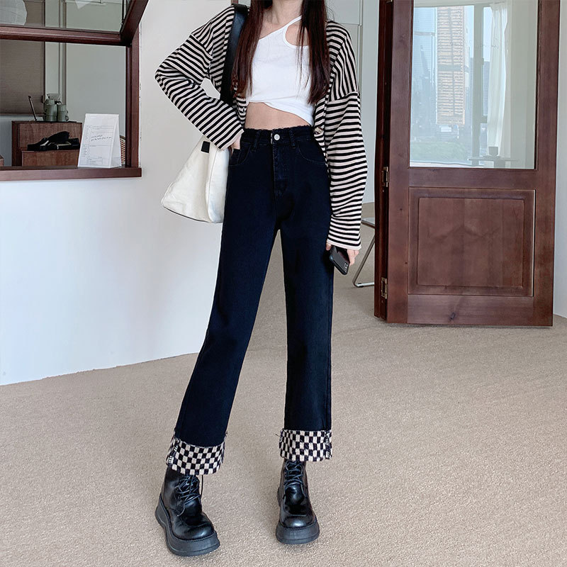 棋盘格卷边牛仔裤女春秋款高腰大码直筒宽松显瘦阔腿梨形身材裤子