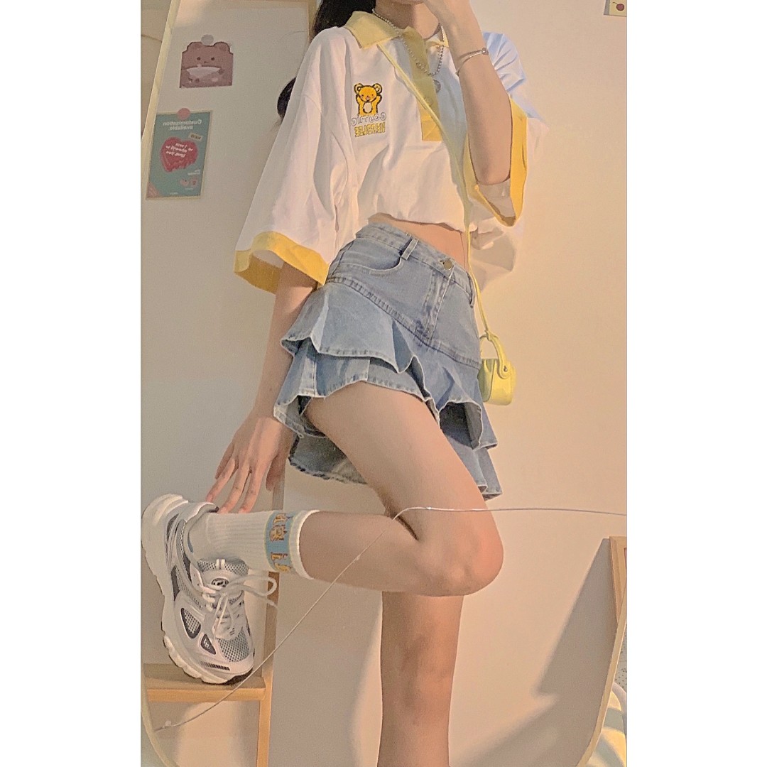 荷叶边牛仔半身裙女夏季新款大码高腰遮肚显瘦a字包臀短裙子