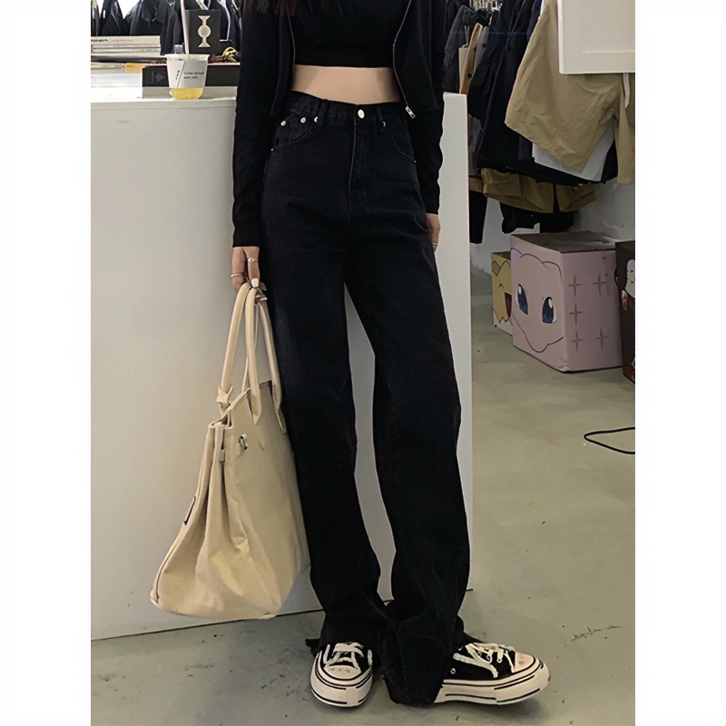 开叉牛仔裤女春秋直筒高腰宽松显瘦大码胖mm设计感阔腿拖地裤子潮