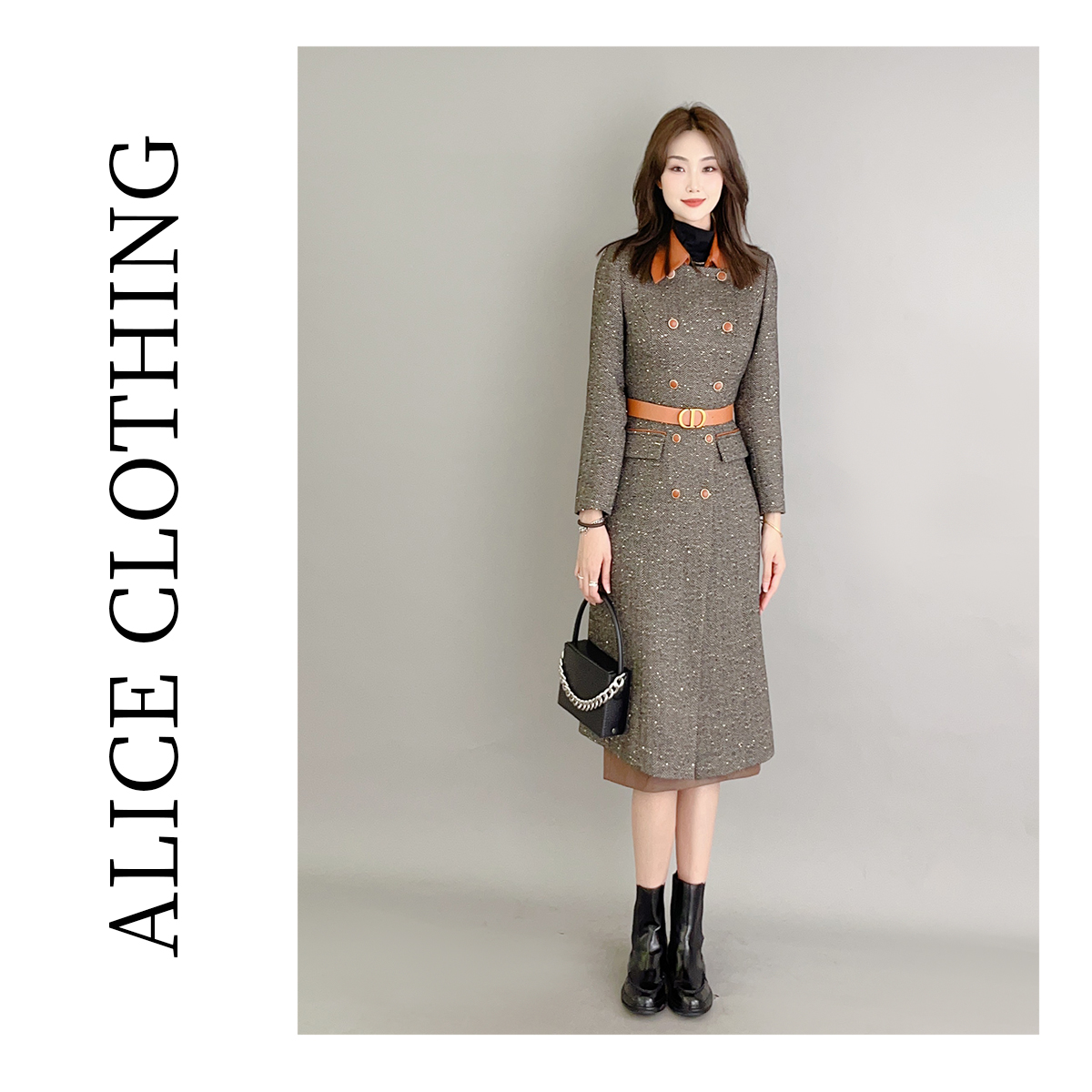 2【ALICE “电影感”复古毛呢外套】撞色翻领 皮质腰带 S2134847W