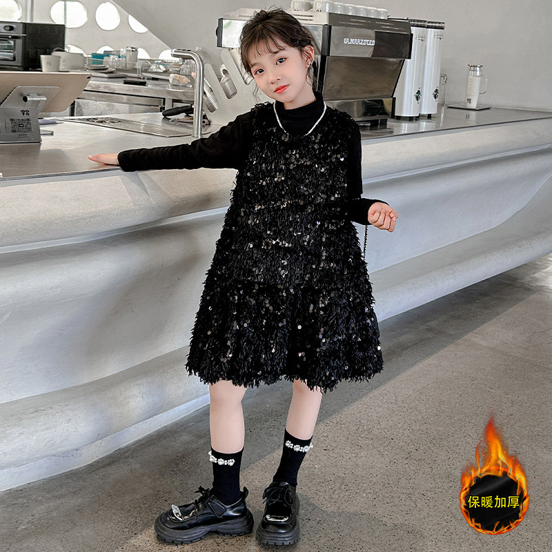 女童连衣裙冬季新款儿童洋气公主裙加绒高级礼服裙亮片流苏背心裙