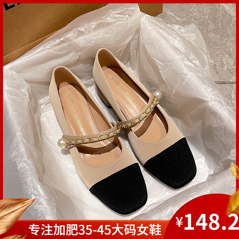 H883-1韩版配裙子加肥高跟鞋粗跟玛丽珍鞋小香风单鞋大码女鞋温柔