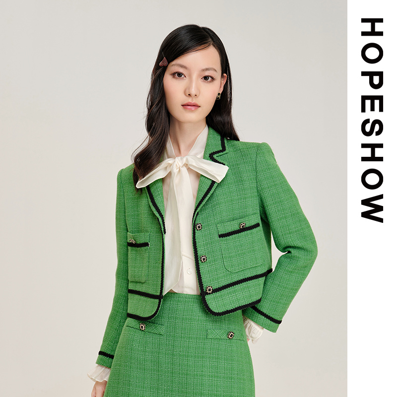 【籽言专属】HOPESHOW红袖 撞色饰边截短小香风外套89223060405