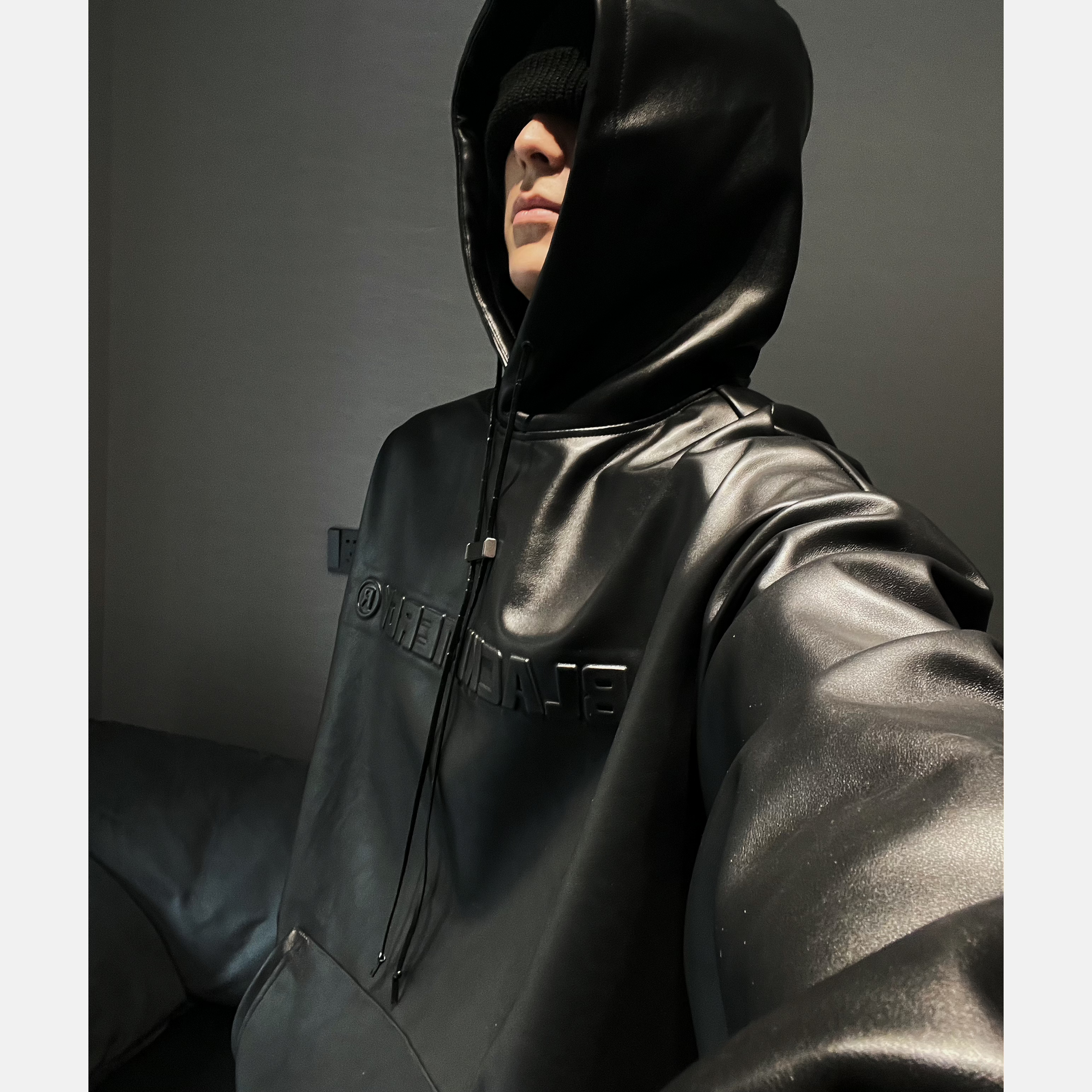【西博】哑光皮质连帽卫衣美式黑色连帽皮衣宽松百搭ins风情侣款