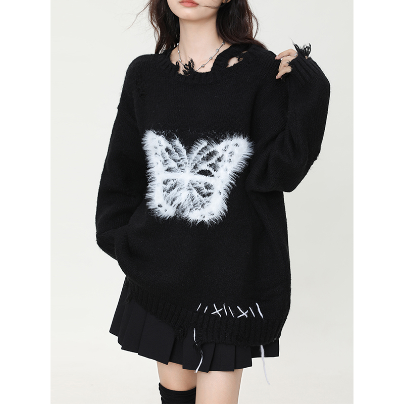 【达人专属】大sim 蝴蝶结黑色毛衣女甜酷辣妹套头针织衫上衣5317