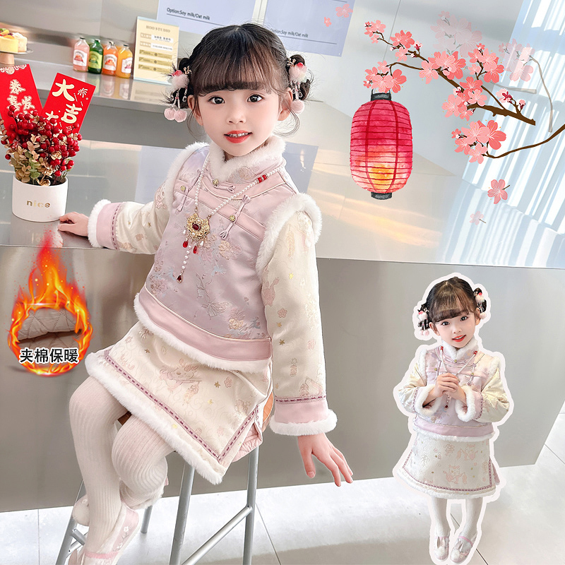 女童拜年服冬季2023新款红色洋气儿童新年加绒保暖宝宝中国风套装