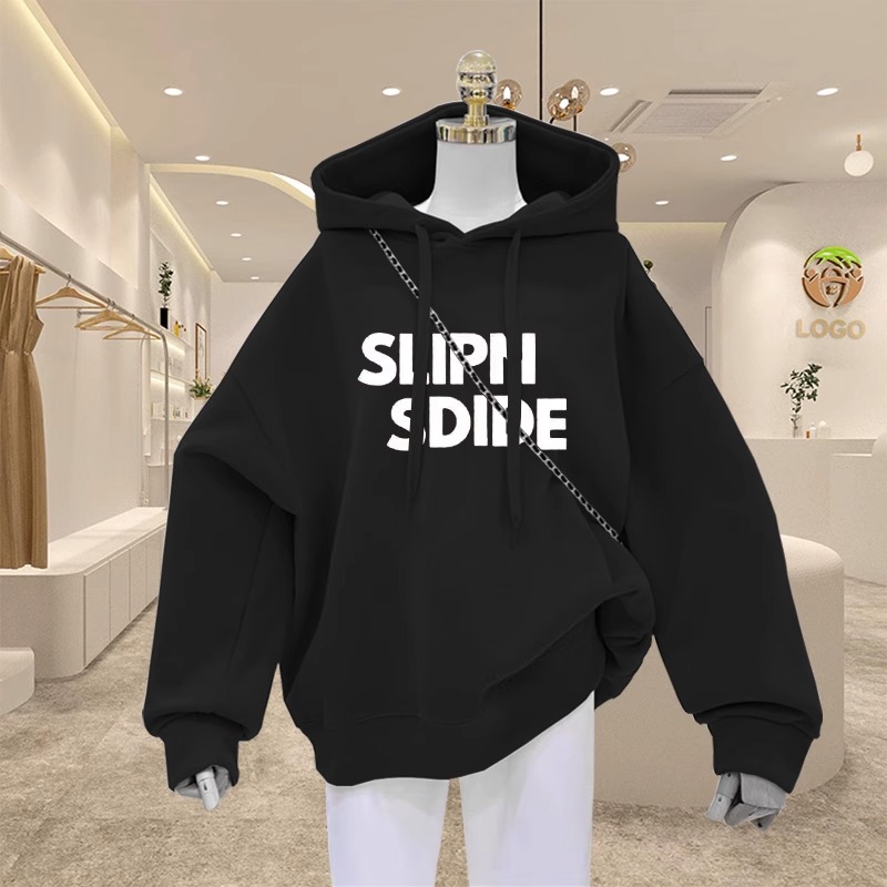 2023秋冬季新款加绒连帽卫衣女韩版宽松设计感印花小众上衣外套潮