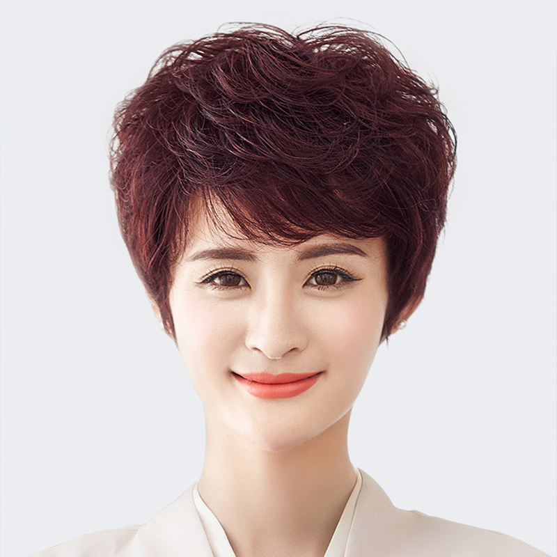 中老年蓬松女短发妈妈款光头化疗可用真发全真人发自然刘海全头套
