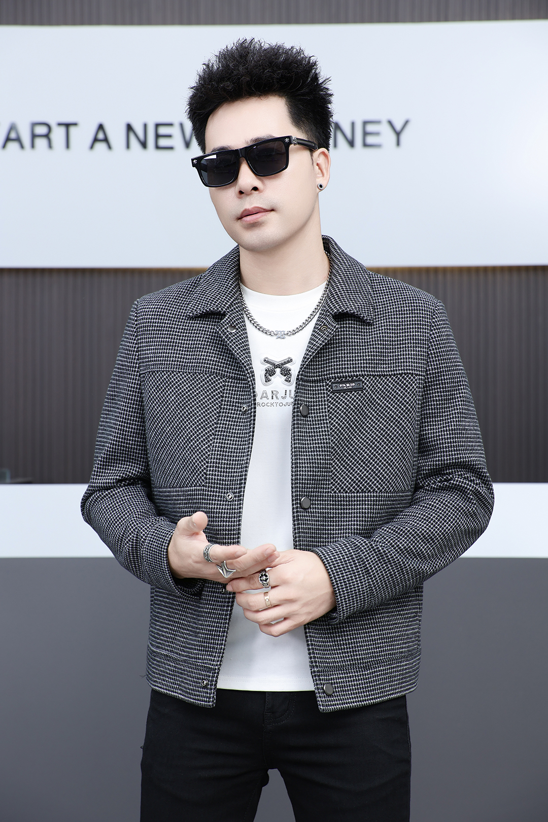 【绵羊毛混纺】男士秋冬千鸟格翻领时尚舒适柔软休闲夹克（959）