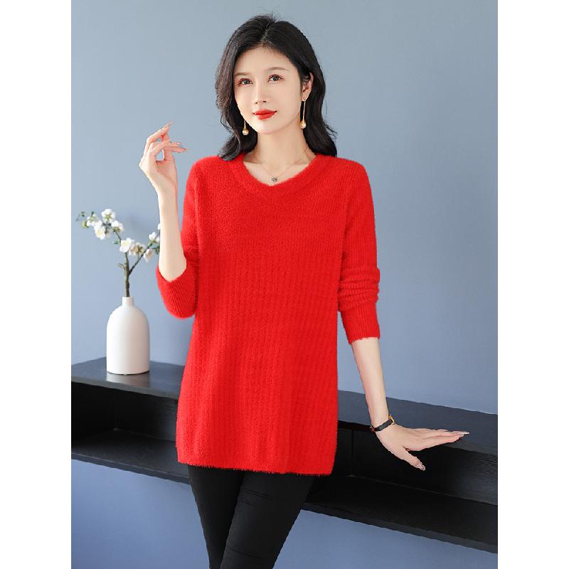 鸡心领打底衫女秋冬加厚中长款2023新款女士仿水貂绒毛衣大码遮肚