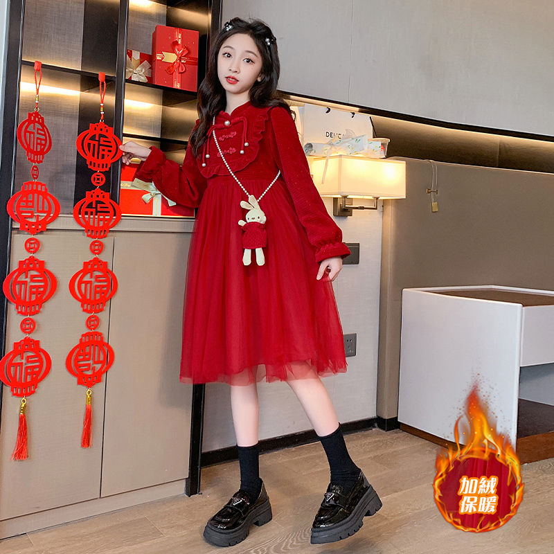 女童连衣裙冬季2023新款洋气长袖新年裙子大童女孩加绒保暖公主裙