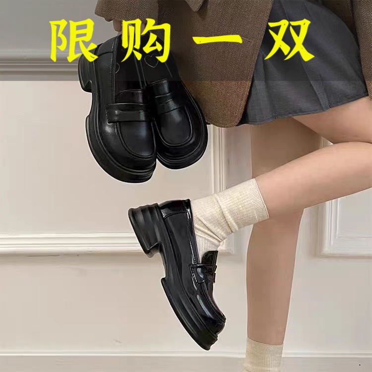 百丽纯爱圆头厚底单鞋女黑色学院风小皮鞋百搭英伦乐福鞋2023正