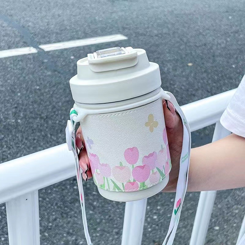 郁金香保温杯女生高颜值水杯ins简约学生随手吸管杯斜挎双饮杯子