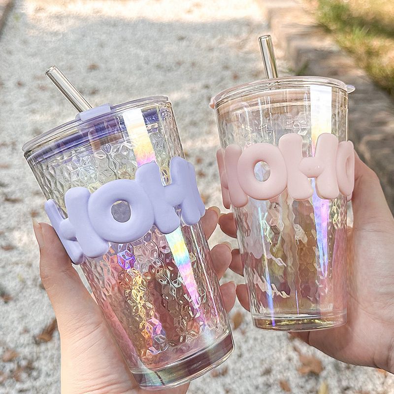 新款杯子ins高颜值女炫彩玻璃杯带双饮盖吸管家用大容量喝水杯
