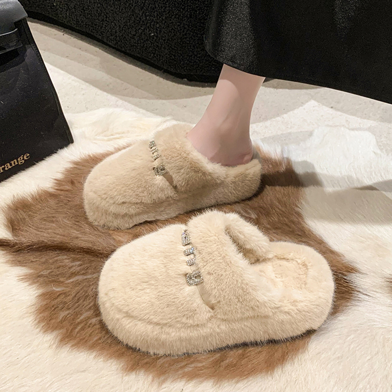 百丽纯爱法式厚底大码毛毛拖鞋女外穿2023秋冬季新款小个子增高包