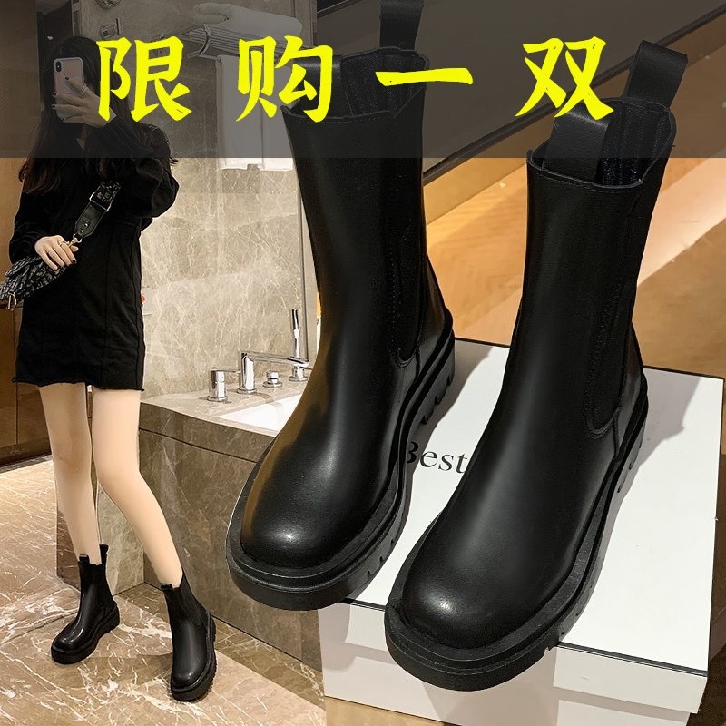 红蜻蜓牌烟管马丁靴女鞋子2023春秋新款时尚百搭中筒靴厚底短靴