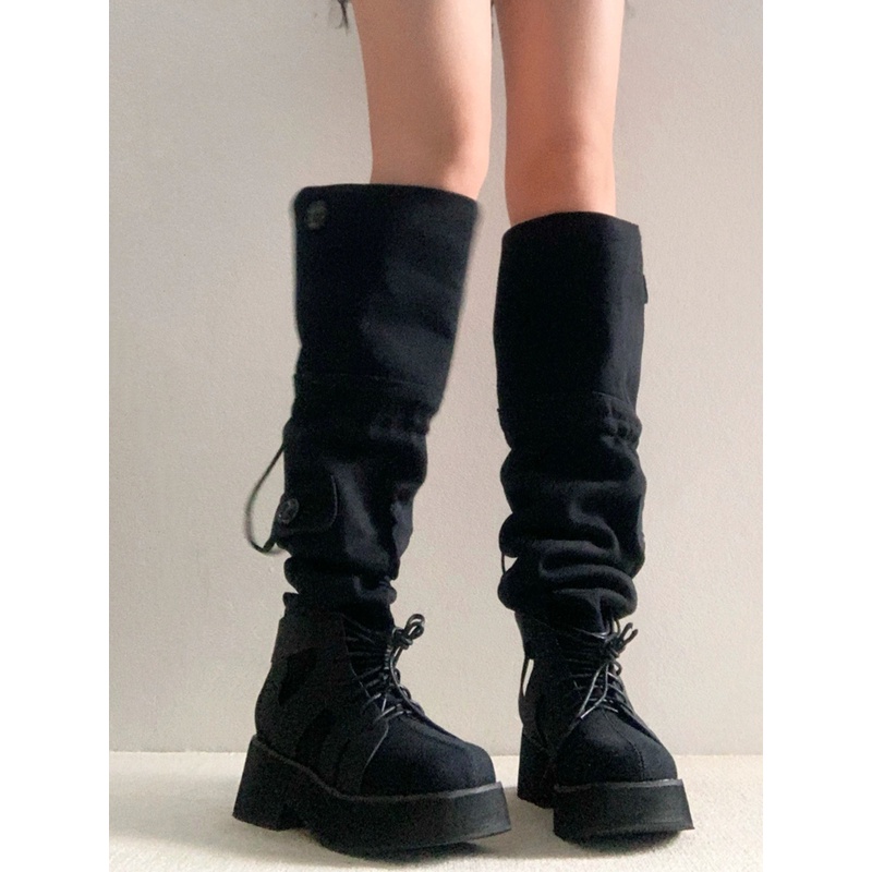 2023新款厚底方头帆布高筒骑士靴女欧美风抽绳大筒围不过膝长筒靴