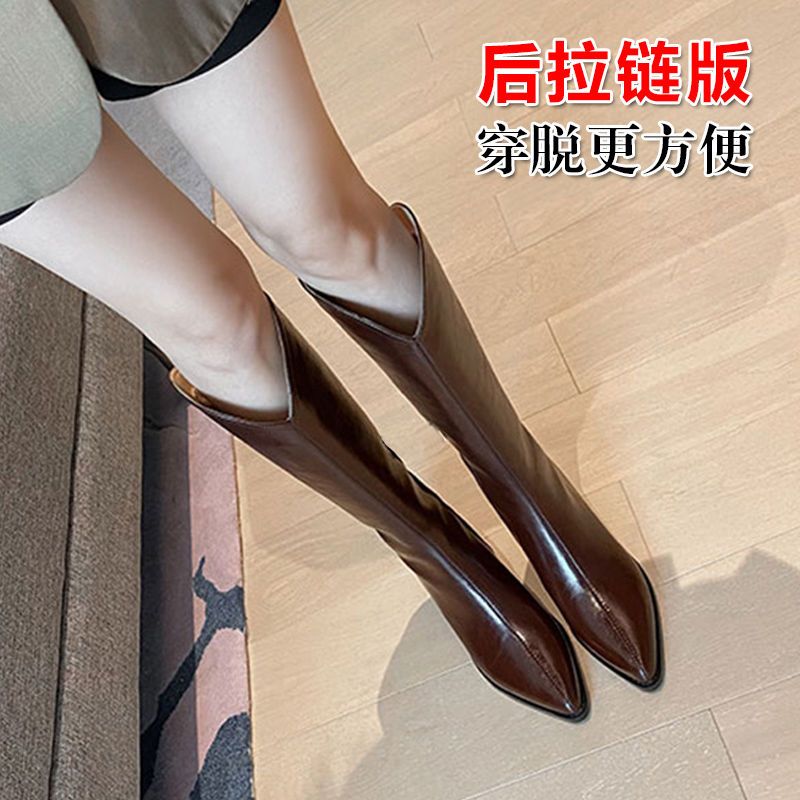 2023加宽版真皮长筒靴西部牛仔女靴粗胖腿大筒围不过膝粗腿骑士靴