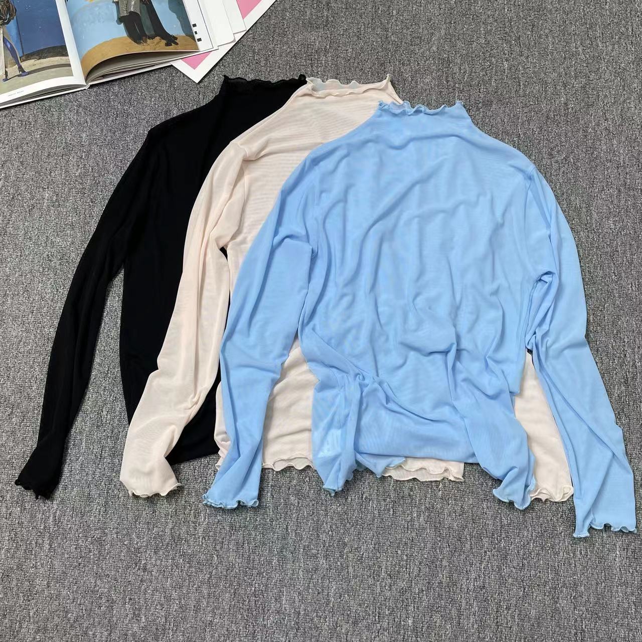 9368余小鱼 三色夏季简约纯色时尚长袖高领打底衫网纱套头T恤女装