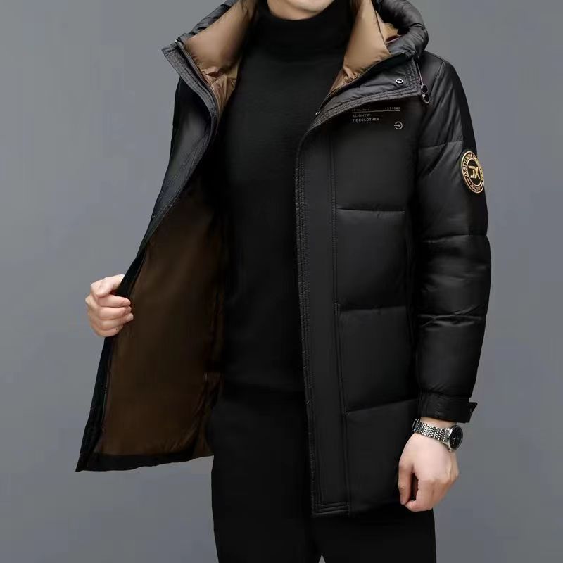 男士中长款白鸭绒羽绒服休闲连帽中长款加厚保暖冬季