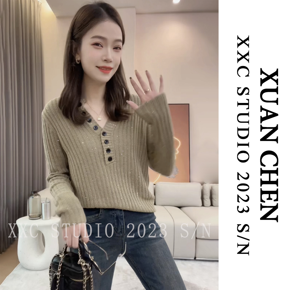 【星云】复古休闲慵懒设计感小V领半开领长袖亮片百搭针织毛衣#1853