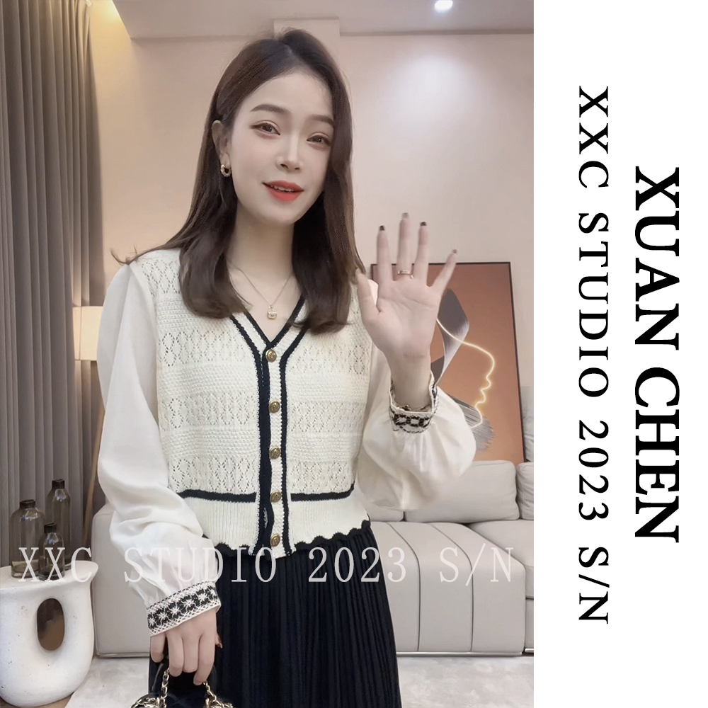 【冰与岛】宝藏衣橱秋季V领单排扣拼接蝴蝶扣镂空针织衫上衣#1919