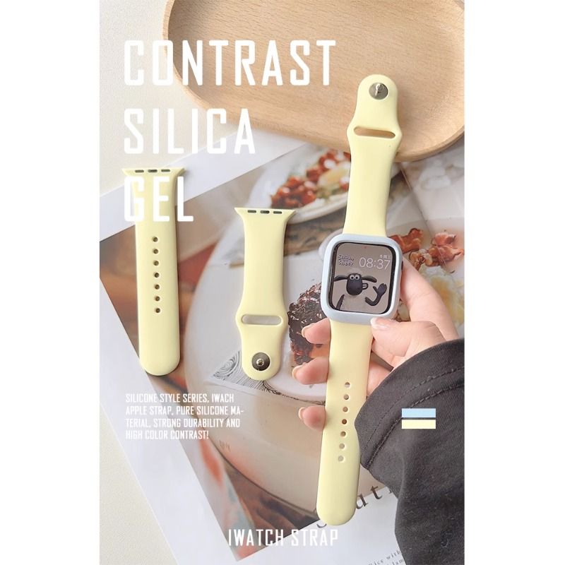 春夏淡黄色拼色保护壳适用于苹果s78/se手表带Appleiwatch654SE