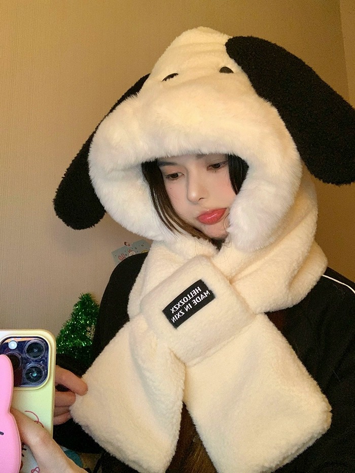 帕恰小狗可爱毛绒护耳连帽围巾帽子一体女冬季围脖保暖手套三件套