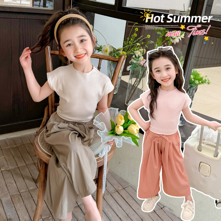 女童套装洋气夏季防蚊裤薄款女孩阔腿裤宽松外穿系带无袖小童时尚