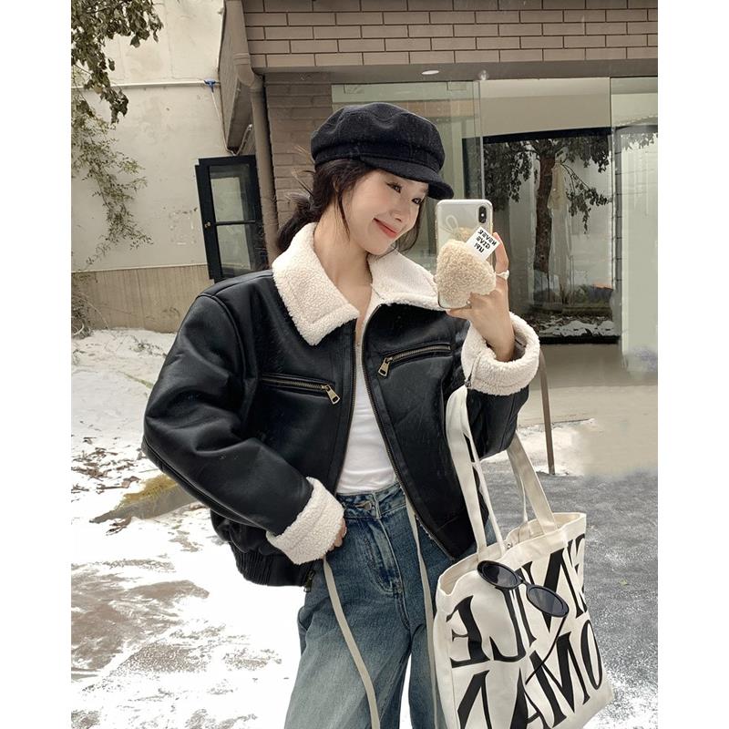 皮毛一体短款皮衣外套女冬季加绒加厚羊剪绒机车服黑色夹克